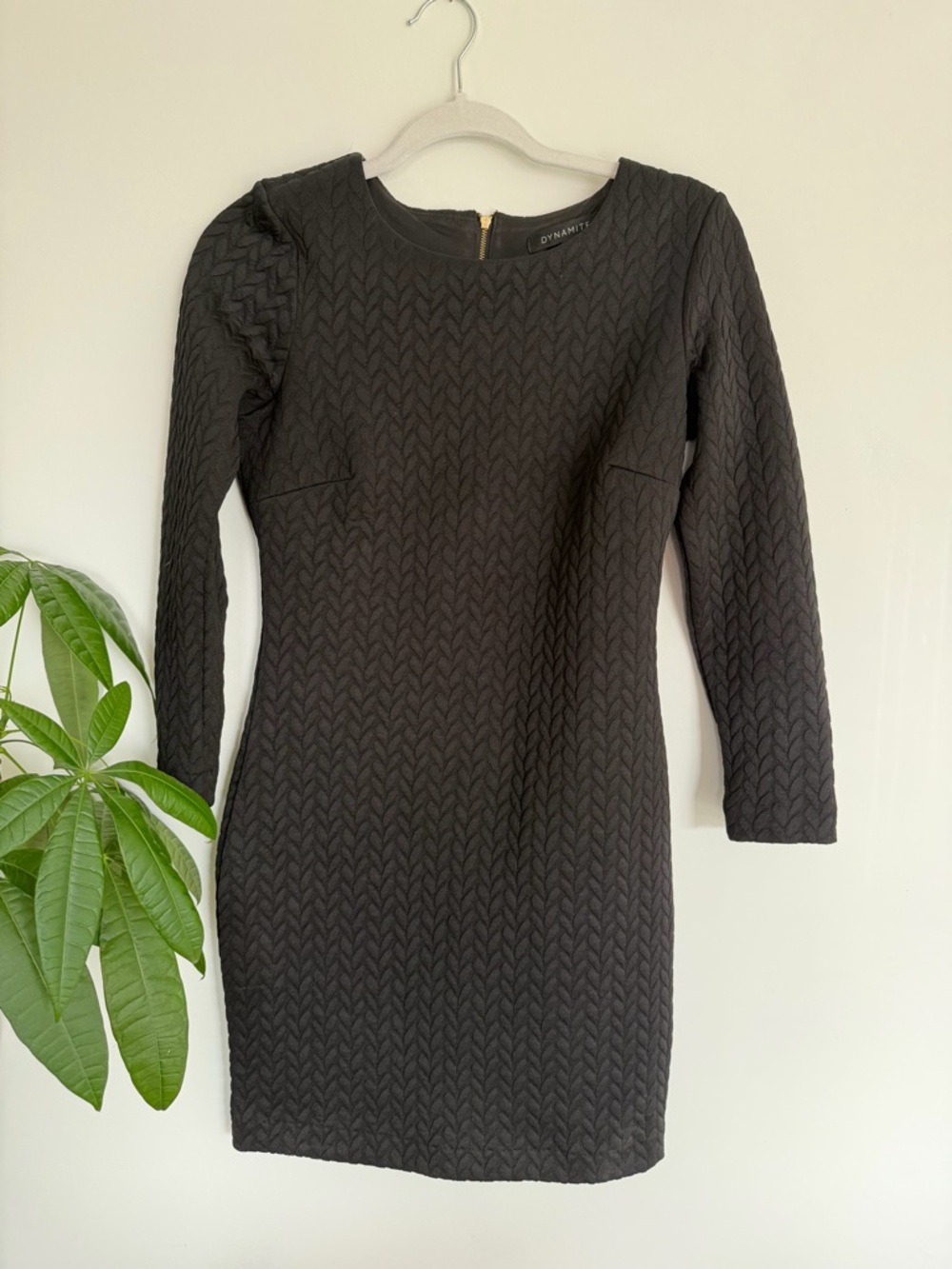 Dynamite Black Textured Bodycon Dress | Long Sleeve Gold Zip Back Size Medium